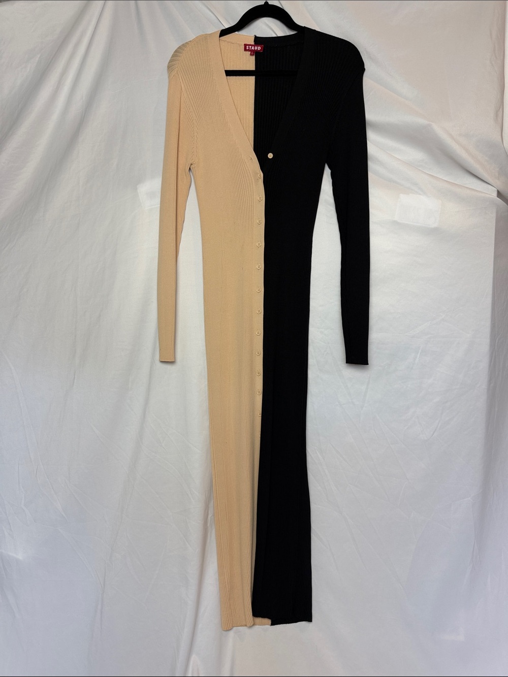 STAUD Two-Tone Ribbed Button-Front Midi Dress — Beige & Black